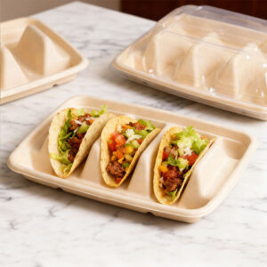 Home 100% biodegradable sugarcane bagasse embossed plates taco box holder tray for food catering